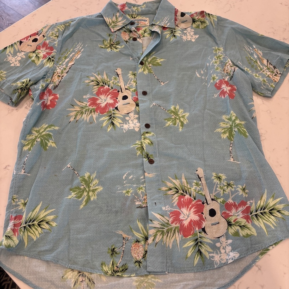 Margaritaville Textured Cotton Blue Palm Trees Guitars Hawaiian Shirt Sz LG